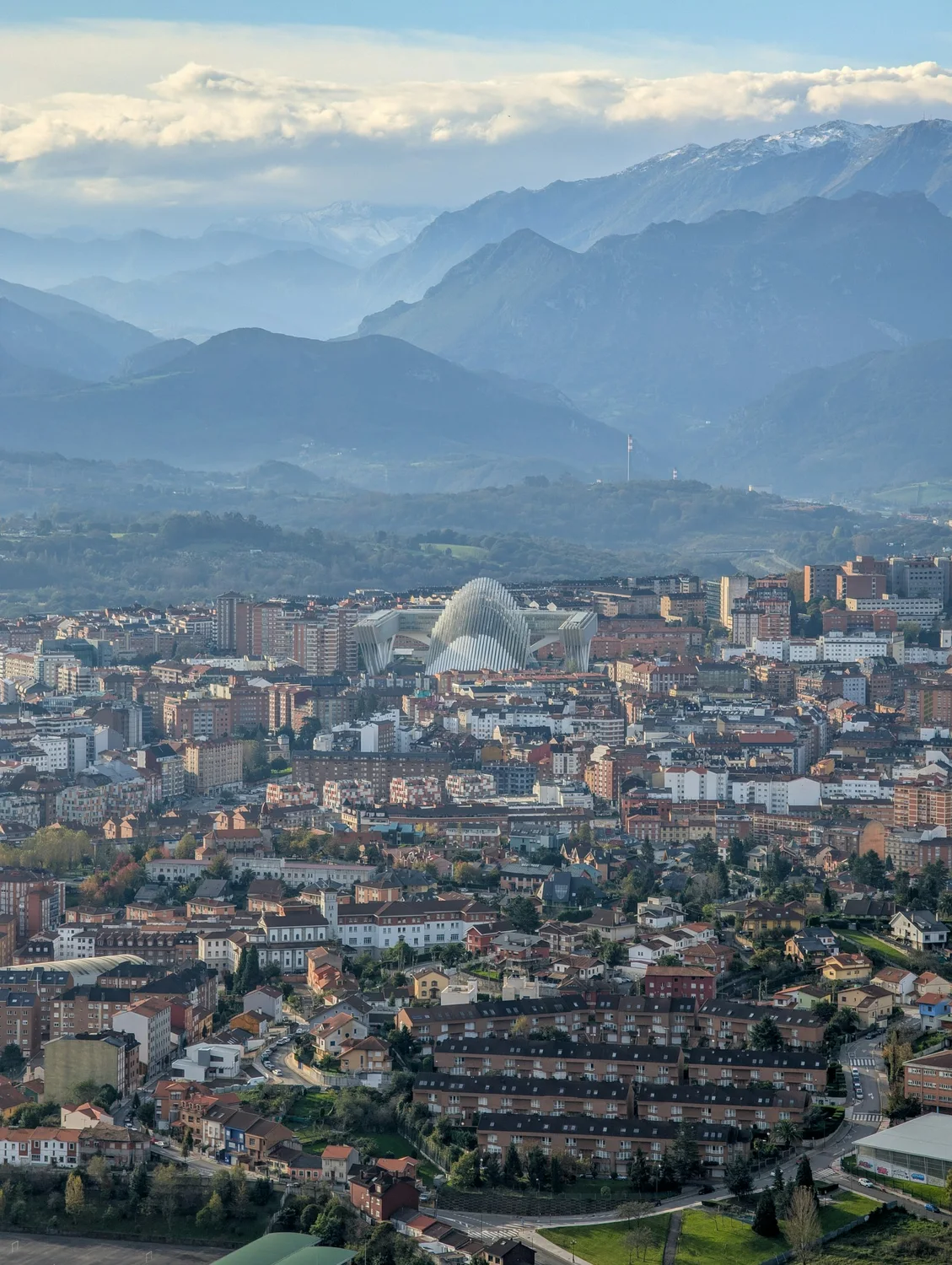 View of Oviedo, Spain, with the Cantabrian mountains behind the city