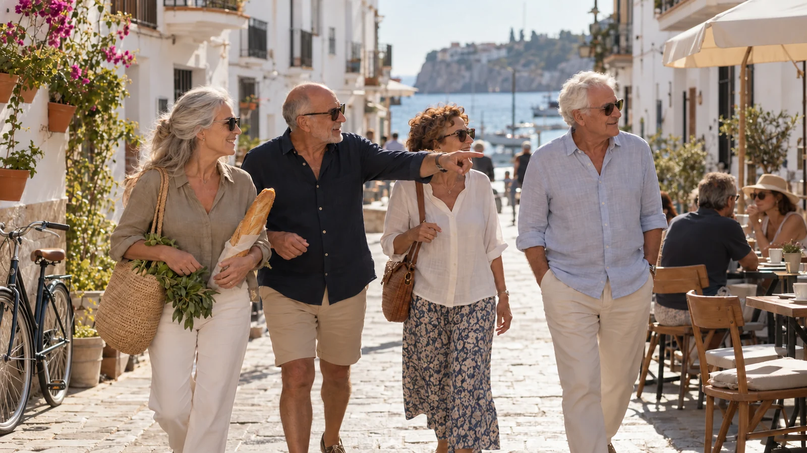 Two couples walking with bread and vegetables along a coastal street, an illustrative senior living in Spain scene