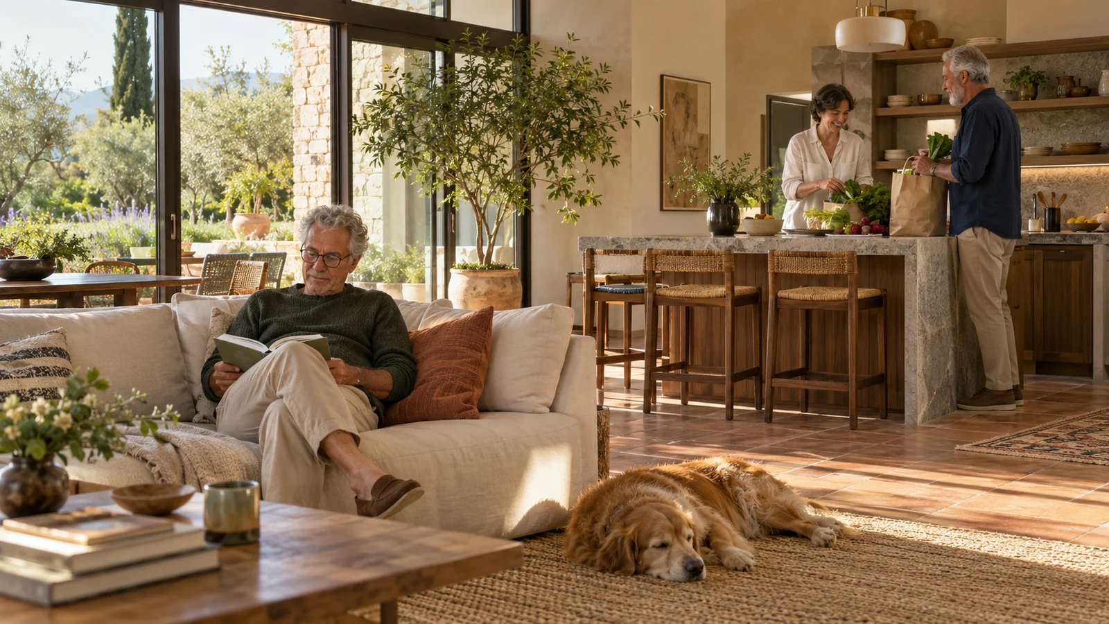 Un hombre leyendo en el salón mientras una pareja guarda la compra, escena ilustrativa de senior living