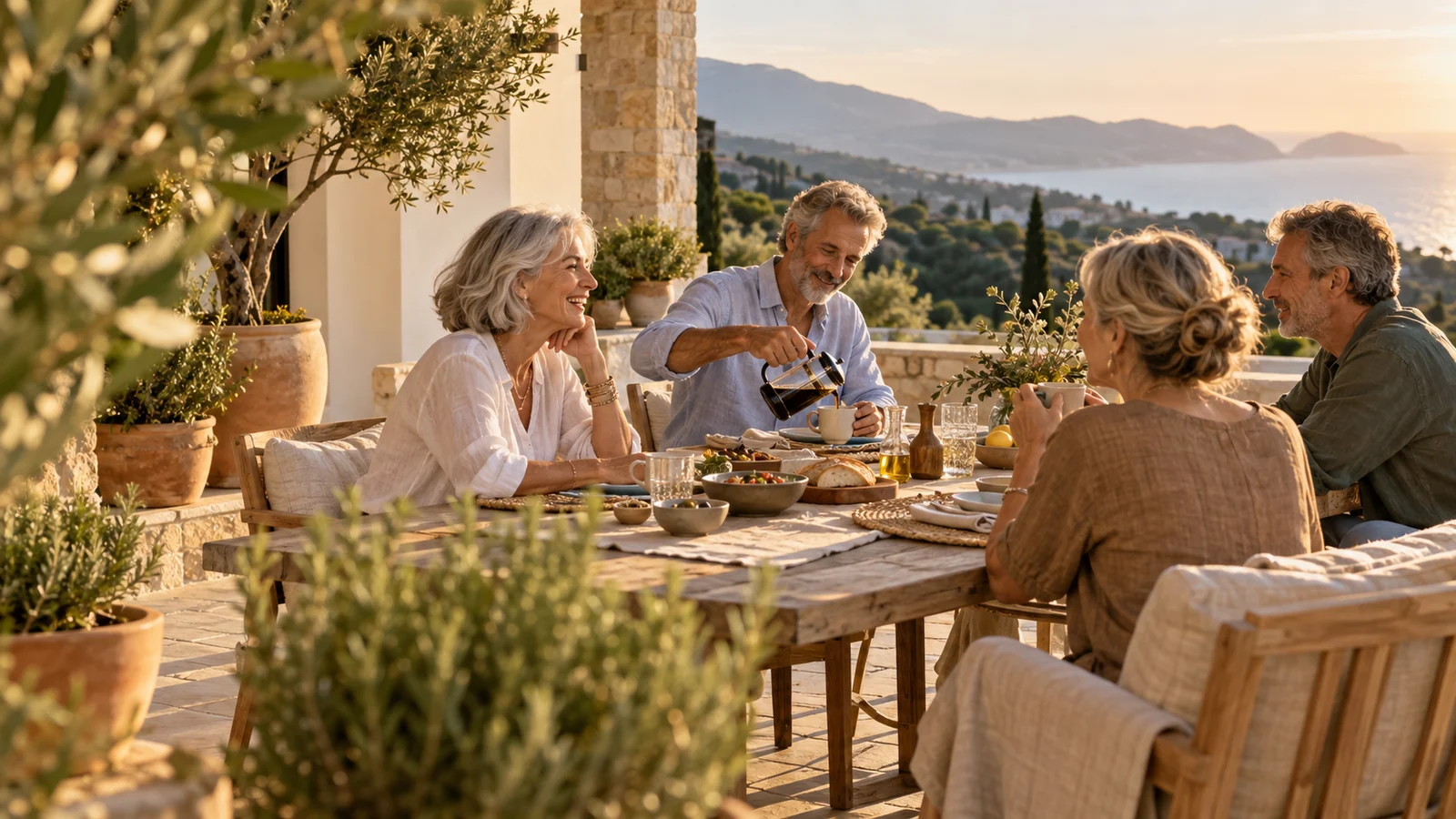 Cuatro amigos tomando café en una terraza mediterránea con vistas al mar, escena ilustrativa de senior living
